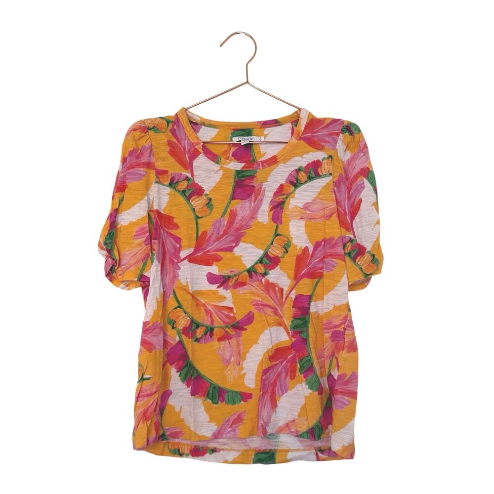 Chico's knit shirt features a vibrant tropical leaf print size small 0
